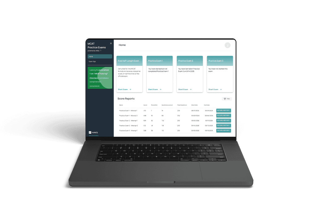 Laptop showing the MCAT Practice Exams home with exams and score reports