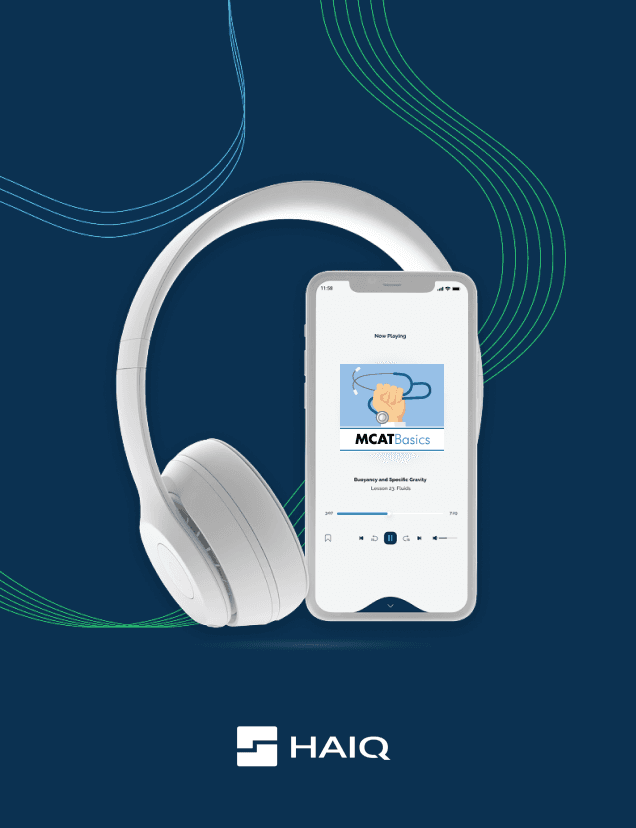 MCAT Basics audio lesson playing on a phone beside headphones